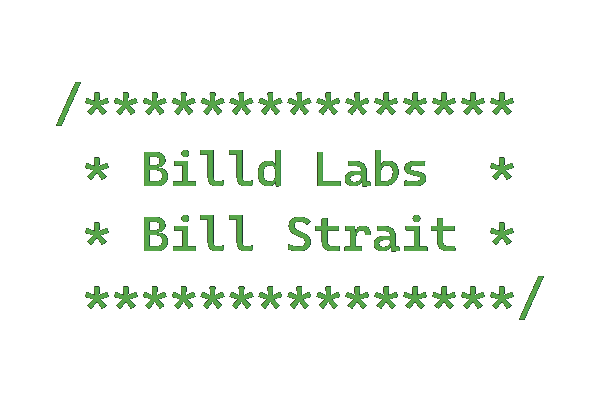 A logo written as a programmer comment, it reads 'Billd Labs, Bill Strait'